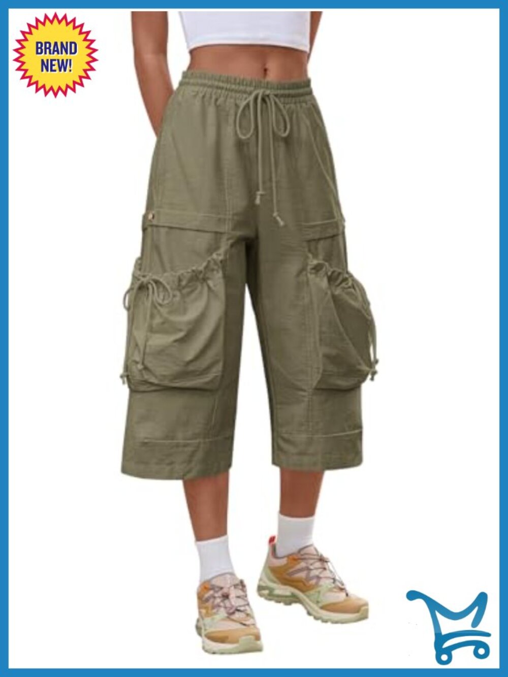 Womens Wide Leg Cargo Capris Drawstring Elastic Waist Baggy Cropped Pants